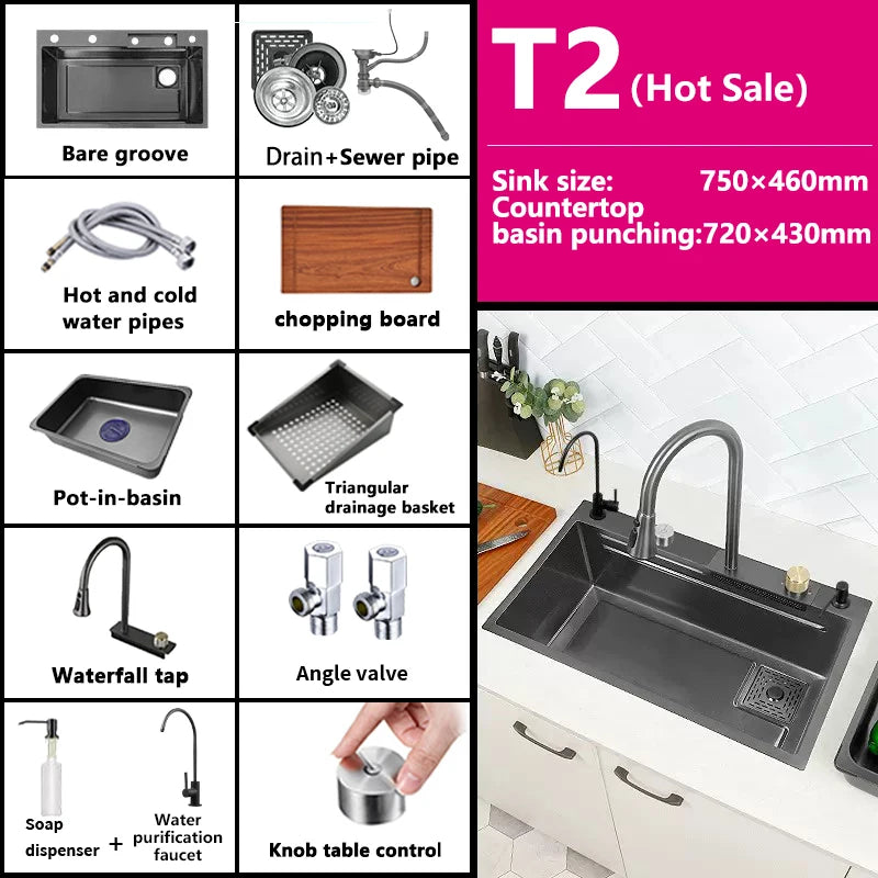 Waterfall Sink Kitchen Stainless Steel Topmount Sink Large Single Slot Wash Basin With Multifunction Touch Waterfall Faucet