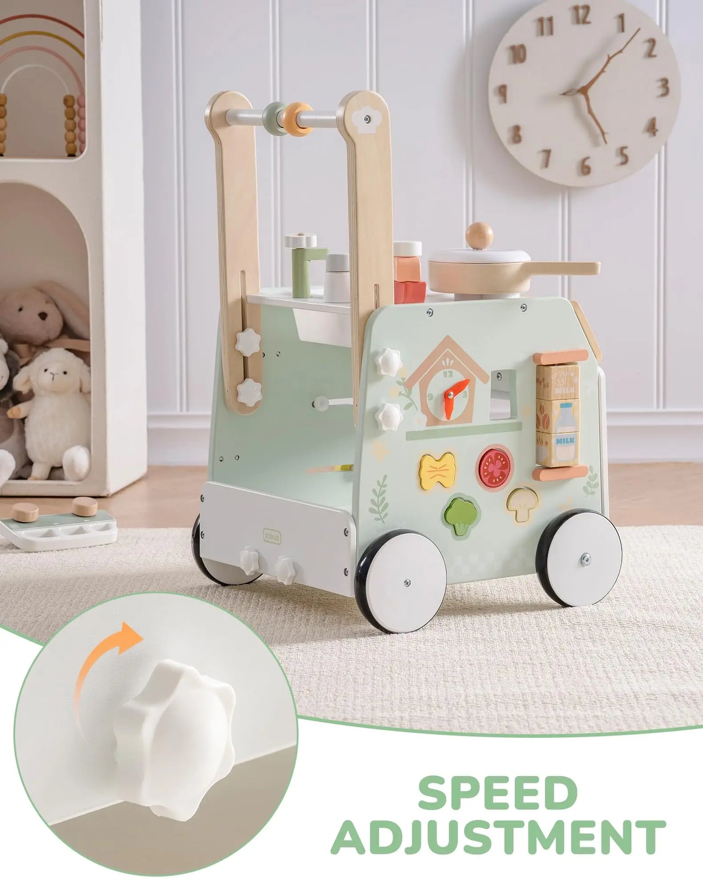 ROBUD Wooden Baby Push Walker Learning Walking Toys Adjustable Height Walker with Decelerator Montessori Toys for Baby age 1+.