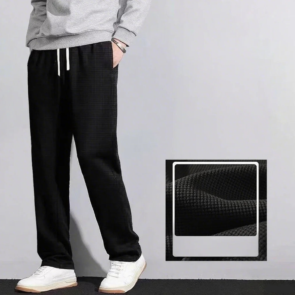 Men's retro knitted Waffle sweatpants, loose straight leg solid color pants with elastic waist and drawstring, suitable for autu.