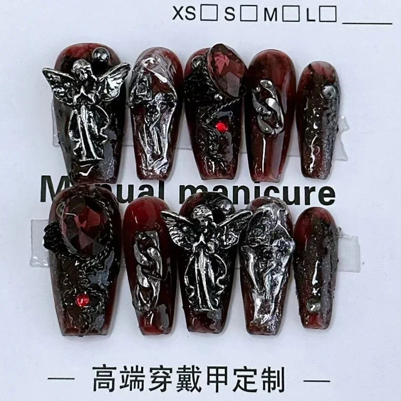 10 Pieces Sweet Cool Dark Style Handmade Wearable Nails Star River Falls Nail Art Patches Scarlet Angel Halloween Fake Nails.
