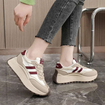 Spring Thick Bottom Women's Shoes 2025 Summer Casual Patchwork Leather Sneakers Casual Vulcanised Shoes Ladies Chaussure Femme.