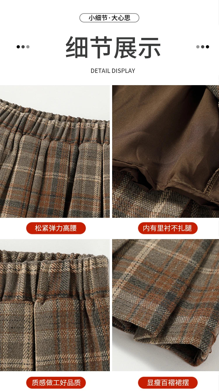 Preppy Style Woolen Pleated Plaid Skirt Women Fall Winter Retro Elastic High Waist Skirts Female Japanese A Line Faldas 2025 New.