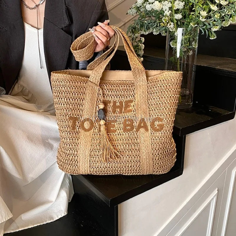 Summer Fashion Women's Large Capacity Shoulder Bag Straw Woven Bag Letter Embroidery Handbag Casual Female Tote Bag Beach Bags.