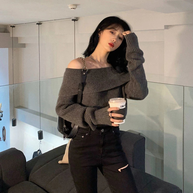 Lucyever Slash Neck Strick pullover Frauen sexy schulter freie Langarm pullover weibliche koreanische elegante verdicken schlanke Pullover Top
