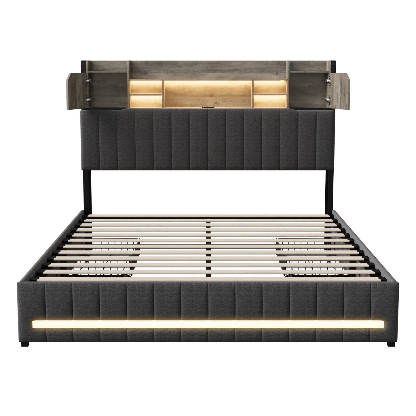 Rosahqnda gepolstertes Doppelbett mit LED-Kopfteil und USB-Anschluss, Stauraumbett mit 4 Schubladen, Leinen, ohne Matratze