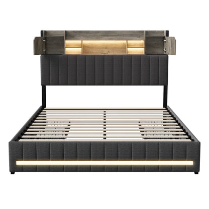 Rosahqnda gepolstertes Doppelbett mit LED-Kopfteil und USB-Anschluss, Stauraumbett mit 4 Schubladen, Leinen, ohne Matratze