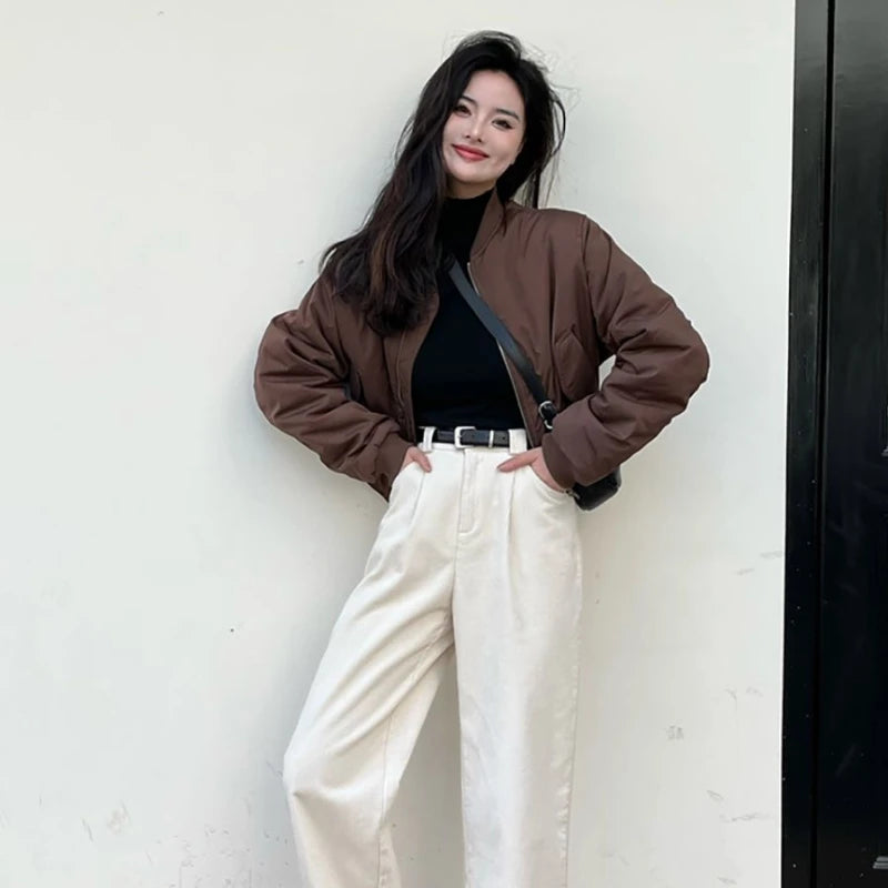 Damen-Bomberjacken, locker, einfarbig, kurz, Winter, braun, für Damen, Baseball-Fliegermäntel, günstige Angebote, neue Produkte, hübscher, schicker Luxus.