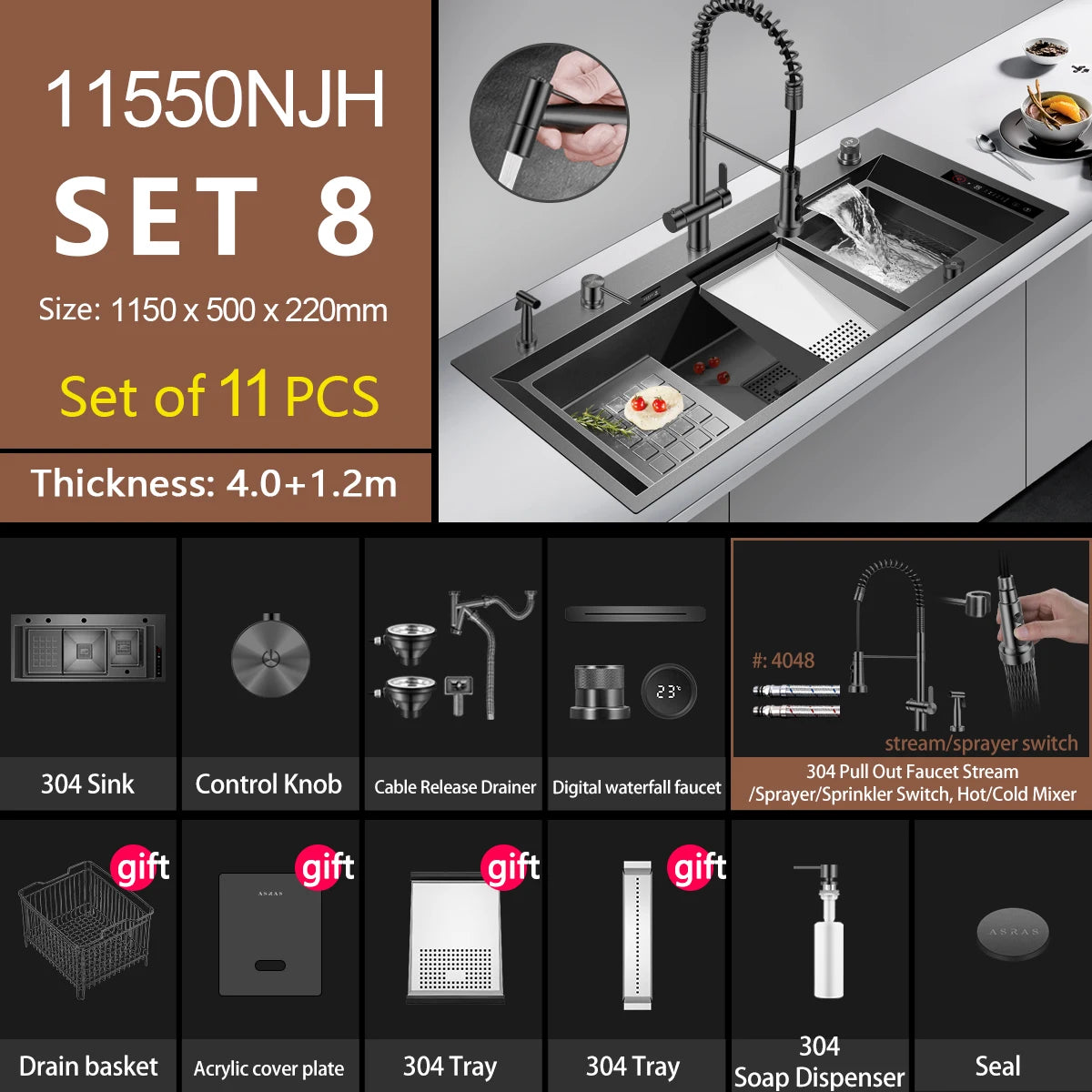 ASRAS high-quality 304 stainless steel multifunctional kitchen sink intelligent food purification large-sized sink nano gray
