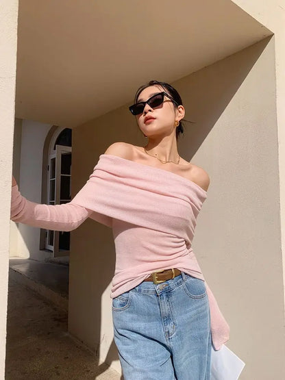 Slash Neck Pullover Frauen Tops Gestrickte Dünne Grundlegende Alle-spiel Sexy Elegante Off Schulter Herbst Winter Langarm Pullover weibliche.