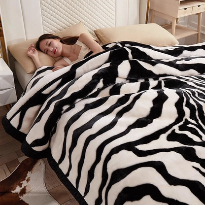 Nordic Style Zebra Print Coral Fleece Blanket Thickened Raschel Autumn Winter Blankets Double Layer Multi Purpose Plush Quilt.