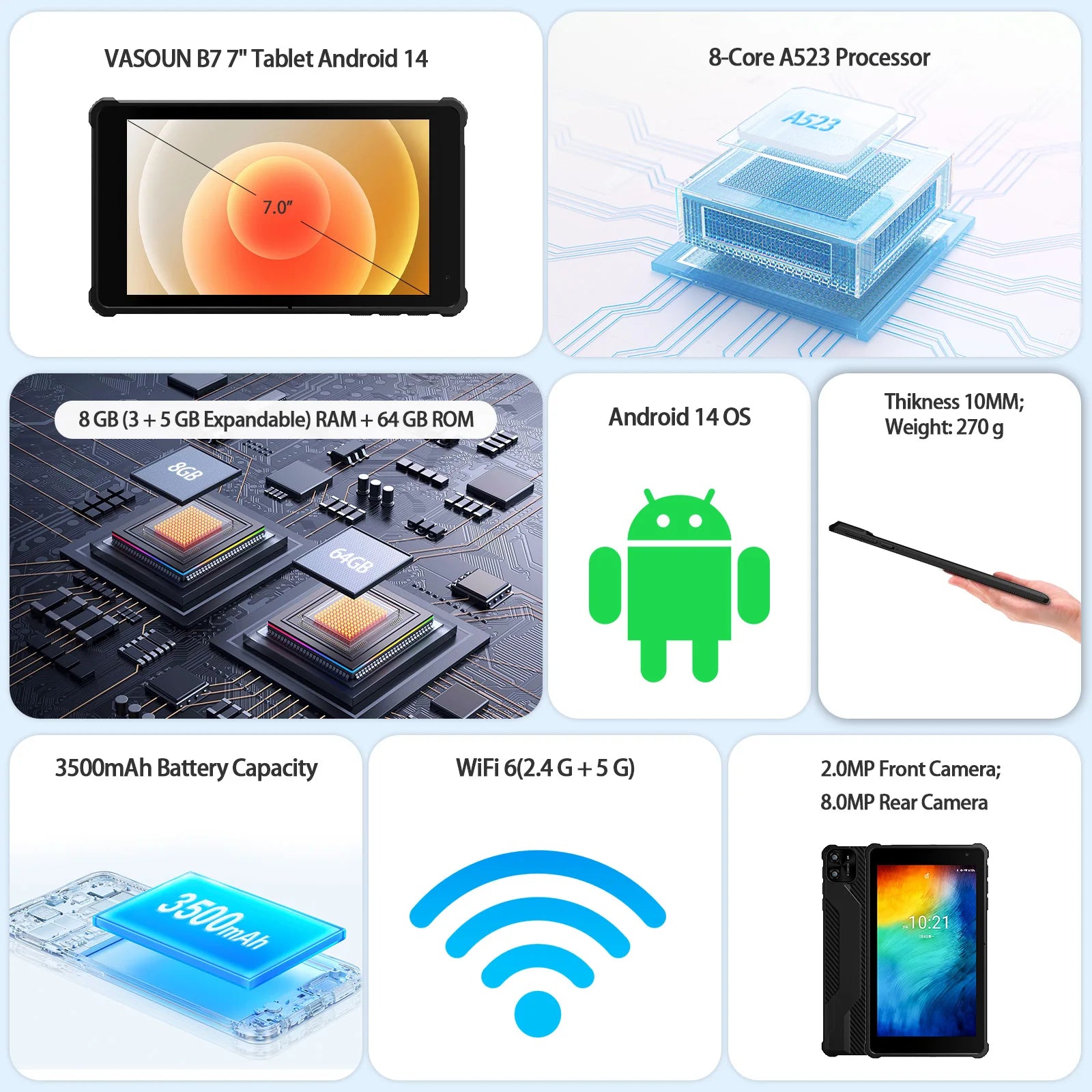 PRITOM Tablet 7" Android 14 Tablets, 8GB RAM(3+5GB Expand) 64GB ROM, A523 Octa-Core Processor, 5G WiFi+WiFi6, Dual Camera,Black.