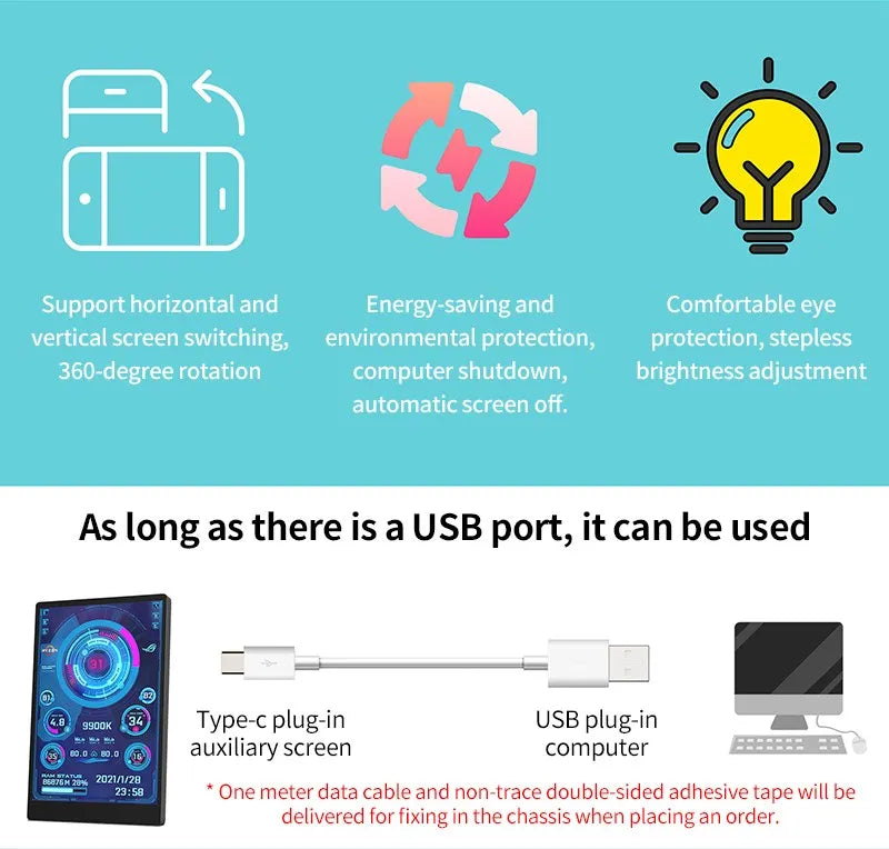 3.5 / 5 Inch IPS Type-C Secondary Screen Mini Computer USB Display CPU GPU RAM HDD Monitor with Holder Metal Case No Use AIDA64.