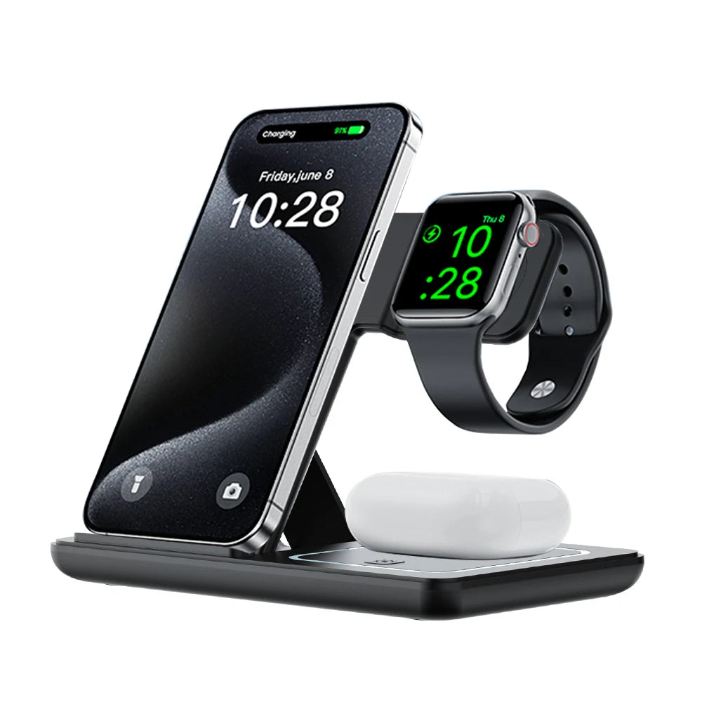 100W 3 in 1 Night Light Wireless Charger Stand For iPhone 16 15 14 Apple Watch 2-8 SE Airpods Pro Fast Charging Foldable Holder.