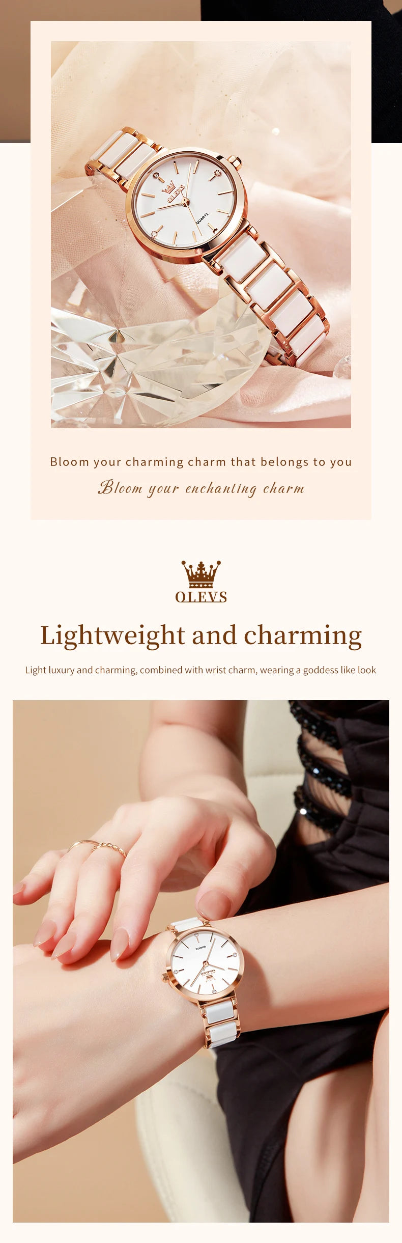 OLEVS 5877 Japan Quartz Movement Woman Watch Simple Elegant Luxury Rose Gold Ceramics Strap Waterproof Ladies Dress Wristwatch.