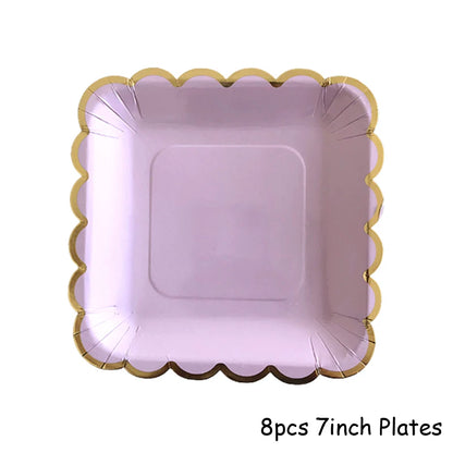 Gold Disposable Tableware Sets Purple Party Paper Cup Plates baby Shower  Birthday Party Supplies Carnival Wedding decor Favors