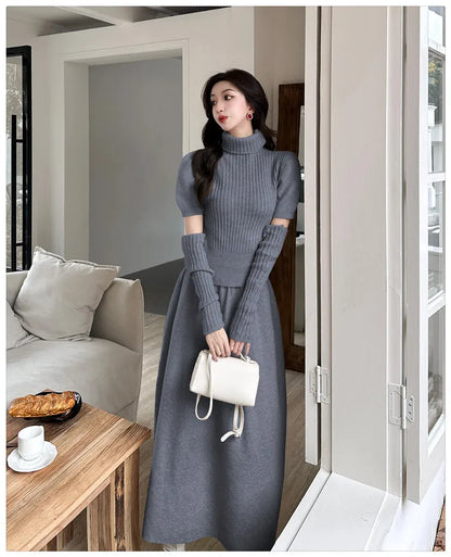 VigoAnne Spring Autumn 2025 Turtleneck Knit Woman 2 Piece Set Casual Solid High Waist Skirts Suits Korean Lady Long Dress Suit