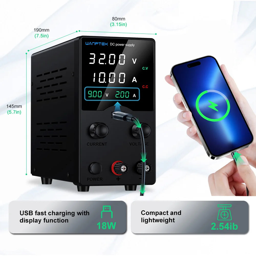 Wanptek DC Lab Power Supply 32V 62V 120V 160V Adjustable Switching Power Supply with 5V 2A USB Charging Display Regulator.
