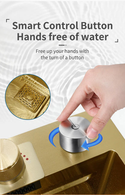 YCRAYS Golden Nano Multifunctional Kitchen Sink 4 Mode Waterfall Faucet Large Single Bowl Soap Dispenser Pure Tap Cup Washer