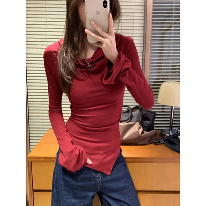 Irregular Waist Pleated Long Sleeve Base Shirt Spring T-Shirt Women's Spicy Girl One Shoulder Top Fashionable Casual Wear.