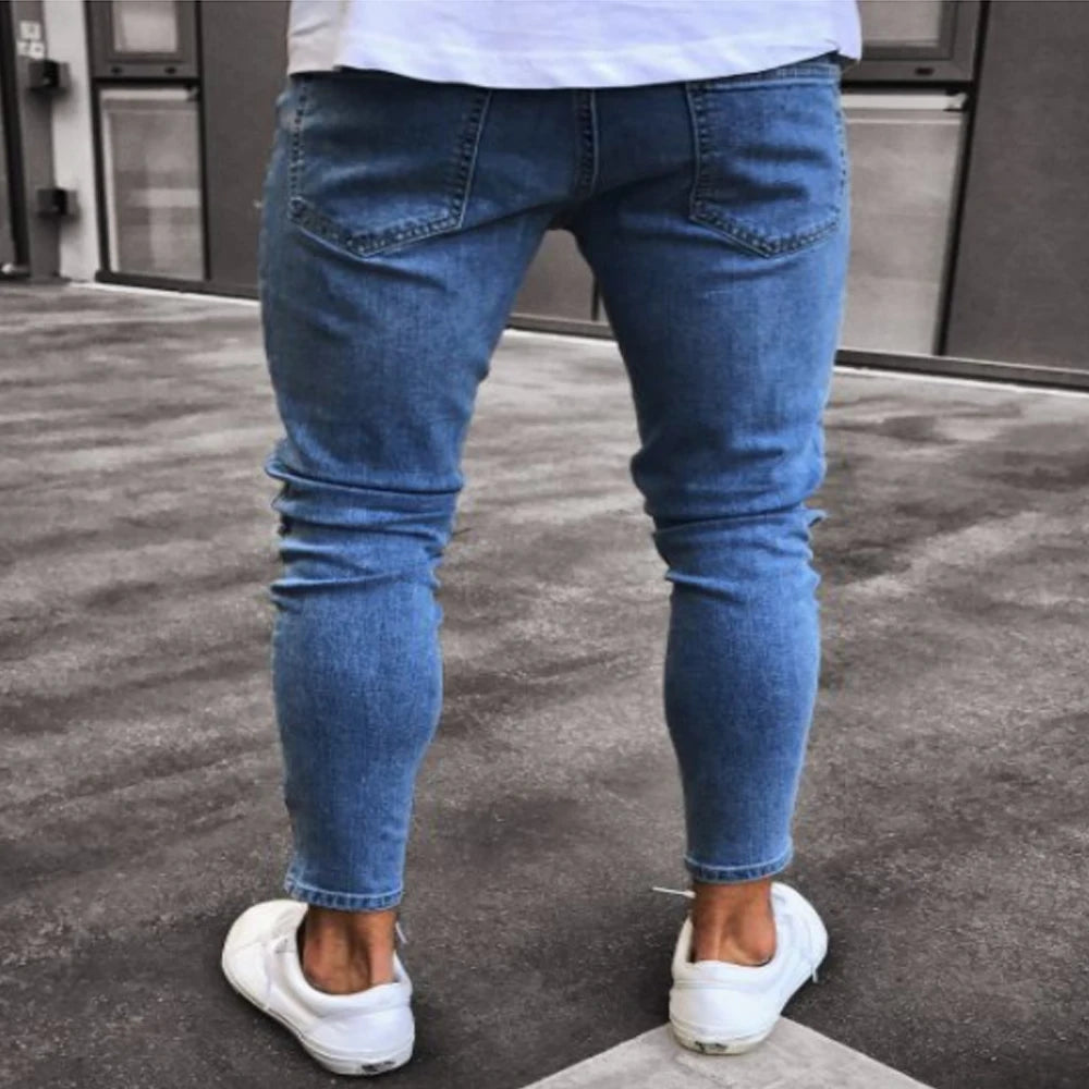 White Embroidery Skinny Ripped Jeans Men Cotton Stretchy Hole Slim Fit Hip Hop Denim Pants Casual Jeans for Men Jogging Trousers.