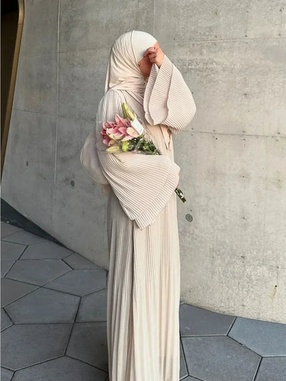 Eid Muslim Dress for Women Pleated Flare Sleeve Jalabiya Kaftan Islam Vestidos Arab Long Robe Ramadan Morocco Dubai Abayas 2024.