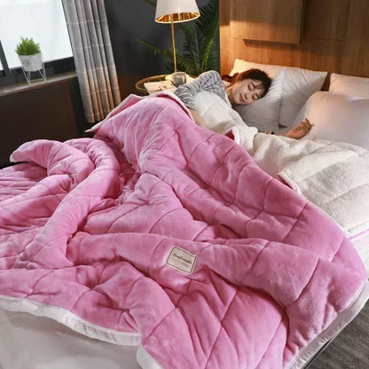 Coral Fleece Autumn Winter Warm Blankets for Bed 3 Layers Thicken Flannel Blanket Quilt Soft Comfortable Warmth Quilts Washable