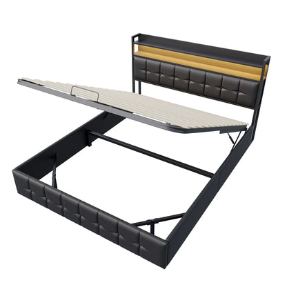 Rosahqnda Doppelbett 160 x 200 cm, mit Steckdose und LED, Kopfteil mit Stauraum und hydraulischem Stauraum, Schlafzimmer für Teenager, Leinen/PU