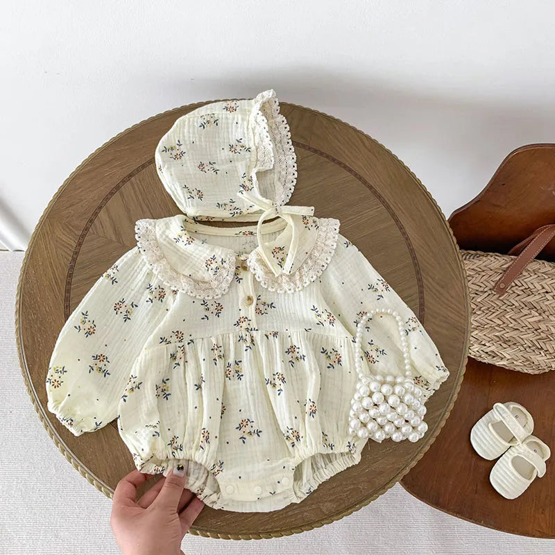 2023 frühjahr Neue Baby Kleidung Floral Body für Kleinkind Mädchen Kleinkind Peter Pan Kragen Langarm Ein Stück mit Hut 0-2 Y.
