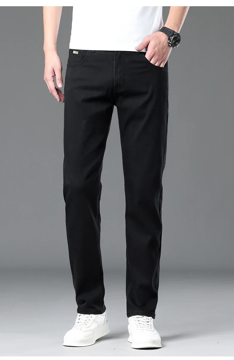 Summer Lyocell Ultra-thin Jeans Men Straight Stretch Breathable Denim Pants Fashion Business Casual Male Trousers Black Gray.