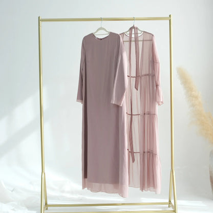 Chiffon Sheer Open Abaya Set Hijabi Muslim Women Party Ramadan Islamic Clothing  Dubai Turkey Kaftan Crepe Kimono Open Abayas
