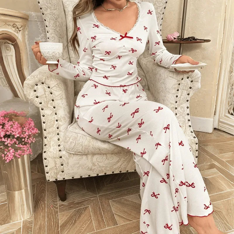 Winter Autumn Pajama Set for Women Sleepwear Lace Trim Bows Print Long Sleeve Top & Full-Length Pants Nightwear Loungewear.
