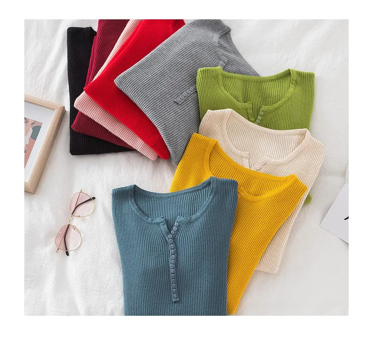 2026 weibliche Casual Tops Pullover Frauen Herbst Winter Gestrickte Dünne Pullover Feste Taste Volle Hülse V-ausschnitt Pullover.