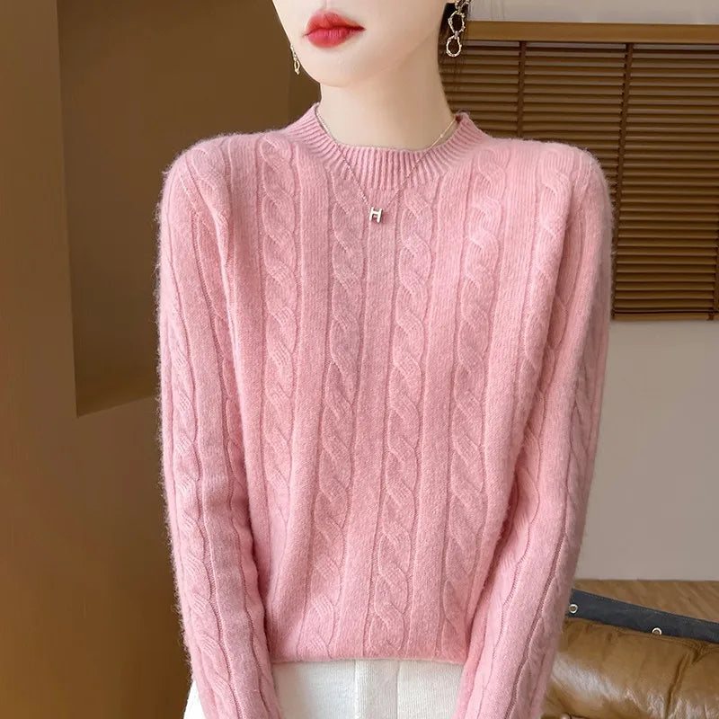 Frauen 100% Merino Wolle Verdickung Pullover Oansatz Gestrickte Twisted Pullover Herbst Winter Kaschmir Langarm Kleidung Basis Tops
