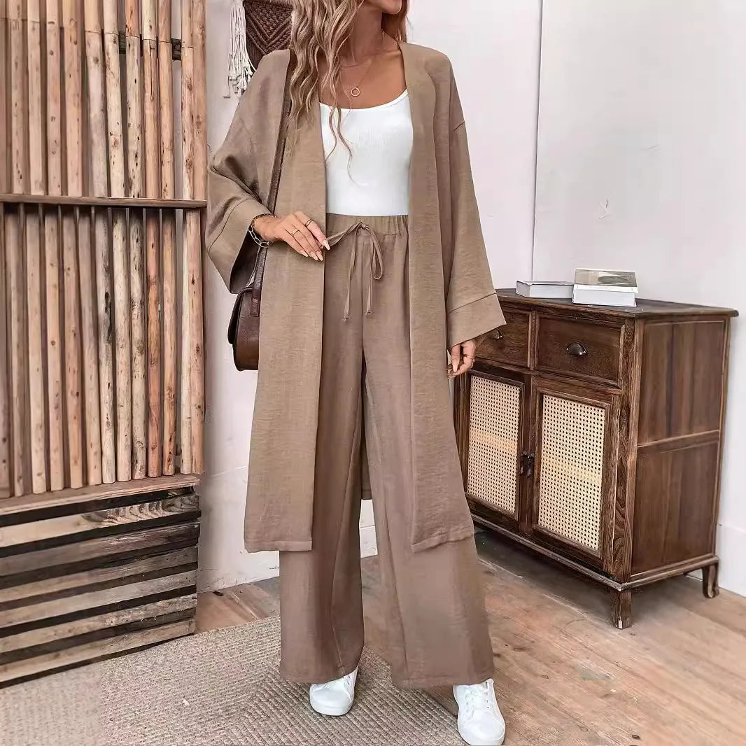 Clothes Autumn open-collar Solid Color Long Loose Top + Drawstring Wide-leg Trousers Trajes De Mujer Conjunto 2 Piezas Elegantes.