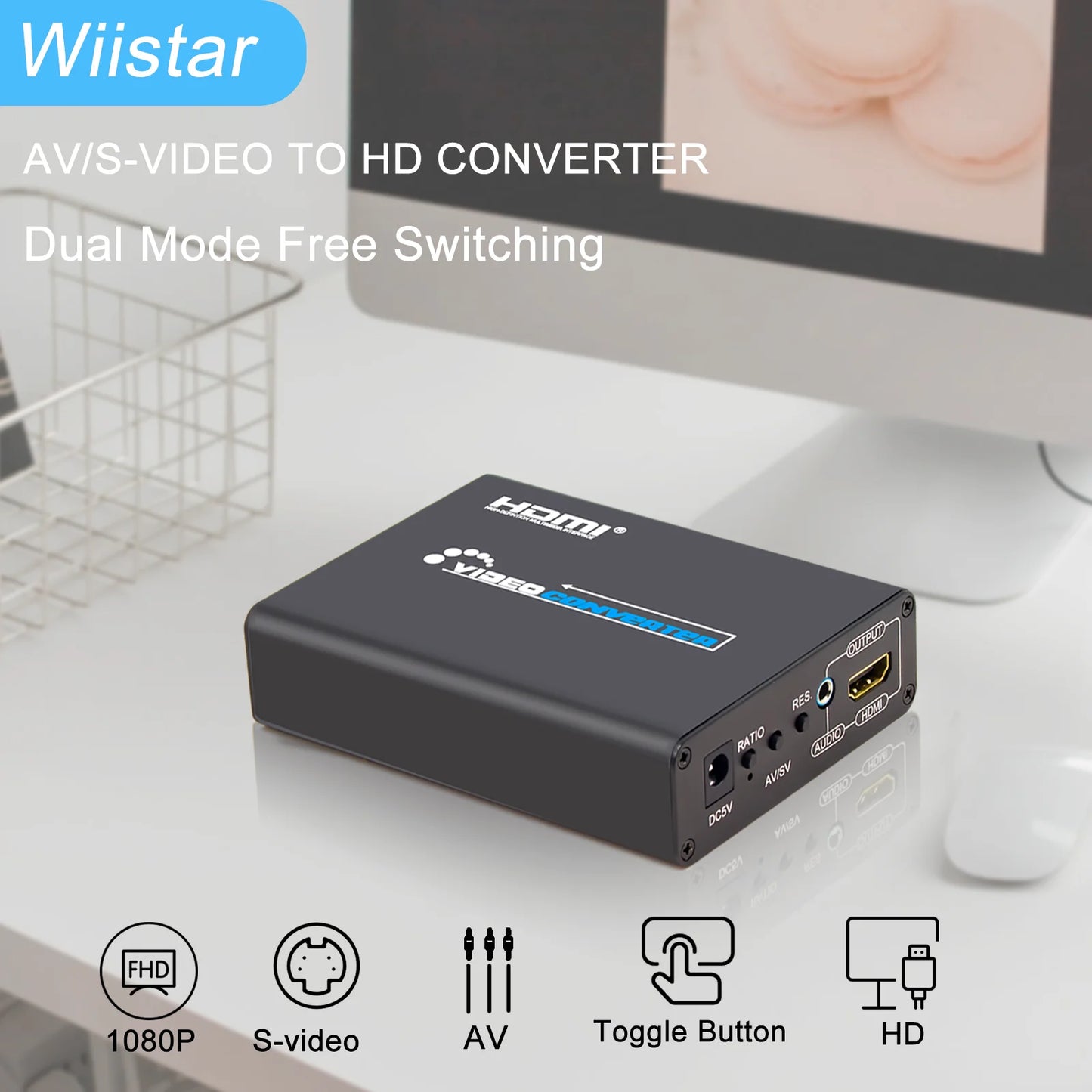 Wiistar AV+S-VIDEO to HDMI Converter 1080P/720P HD Video Adapter for DVD/PS2/WII/XBOX360 with Audio Output & Aspect Ratio Switch.