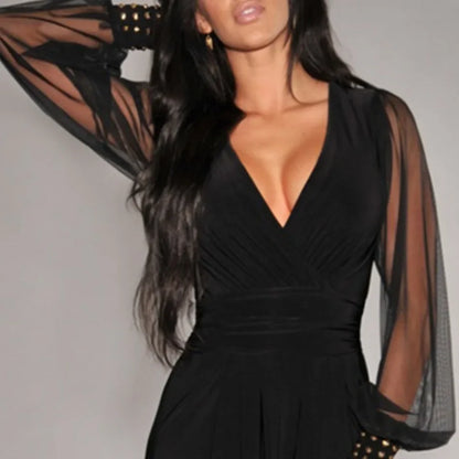 New In Spring Summer Women's Jumpsuit Black V-neck Mesh Splicing Straight One-piece Female Jumpsuit Sexy Streetwear Clothes.