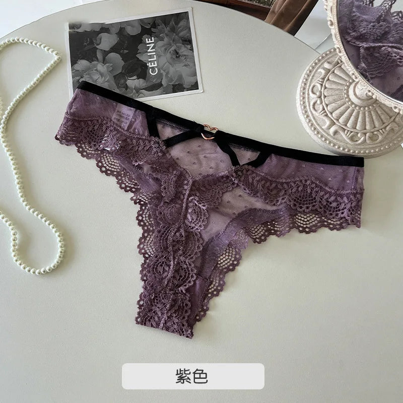 SP&CITY Thin Lace Embroidery Sexy Thongs Love Metal Transparent Women's Underwear Soft Cotton Crotch Hollow Out Panties Tanga.
