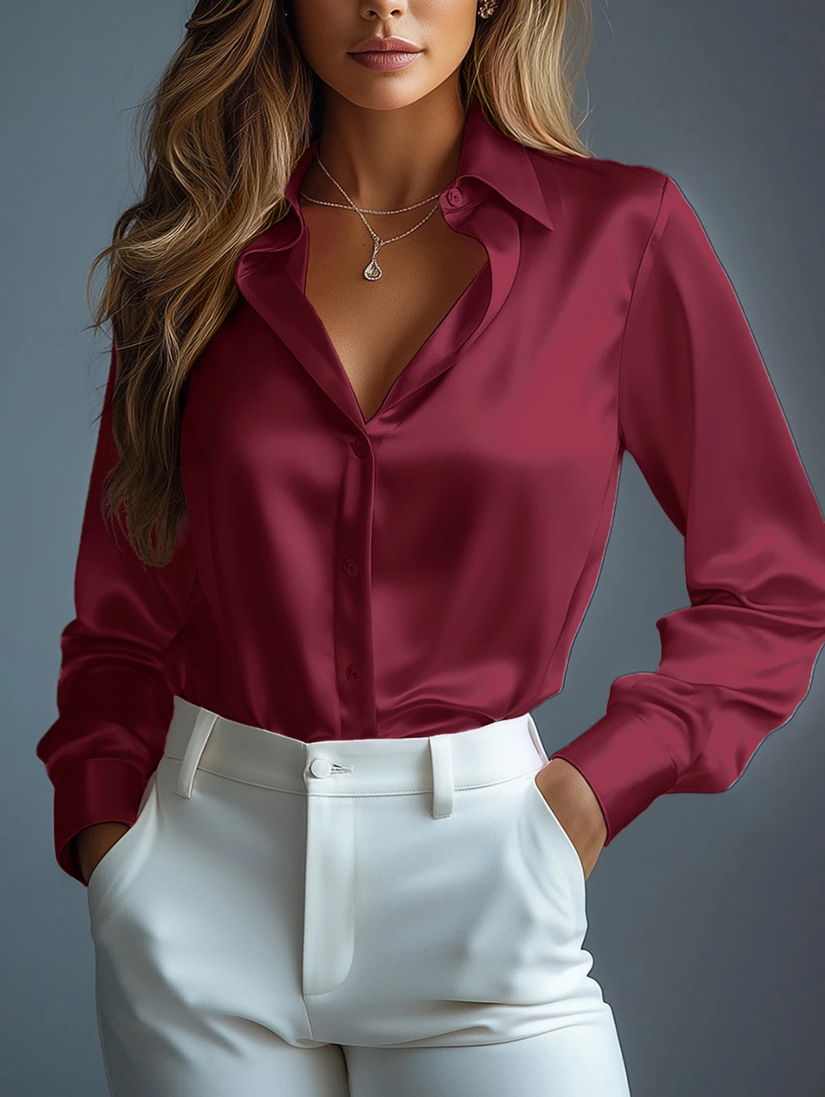 Women's Satin Shirts Elegant Plain Long Sleeve Blouse Office Lady Button-Up Shirt Top Female Crew Neck Shirts Blouse 2025 Autumn.