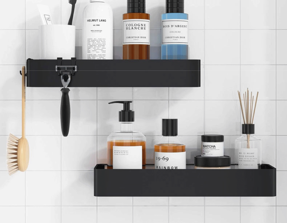 2 Packungen schwarzes Duschregal zur Wandmontage, Badezimmer-Organizer, Regal mit Haken, Küchendekoration, Regale an der Wand