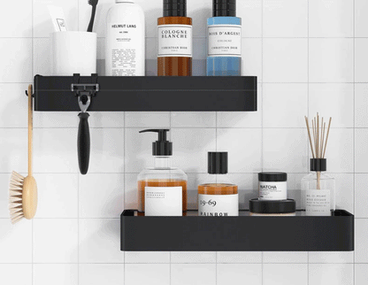 2 Packungen schwarzes Duschregal zur Wandmontage, Badezimmer-Organizer, Regal mit Haken, Küchendekoration, Regale an der Wand