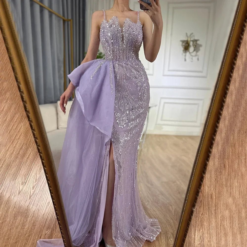 SERENE HILL Maßgeschneiderte 2025, türkisfarbene Spaghettiträger, luxuriöse Perlen-Abendkleider, Meerjungfrau, Schlitz, Überrock, Party, GLA 72378 | H&D Shop