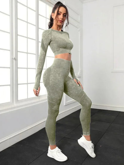 2 Piece Acid Wash Gym Set Women Seamless Long Sleeve Leggings Tracksuit Sports Fitness Suit Scrunch Workout Clothes Yoga Outfits