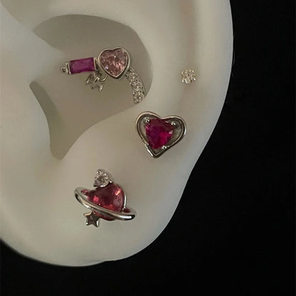 New Trendy Shiny Rose Red Color Zircon 316L Stainless Steel Ear Bone Nail Y2K Gothic Love Heart Small Earrings for Women Jewelry.