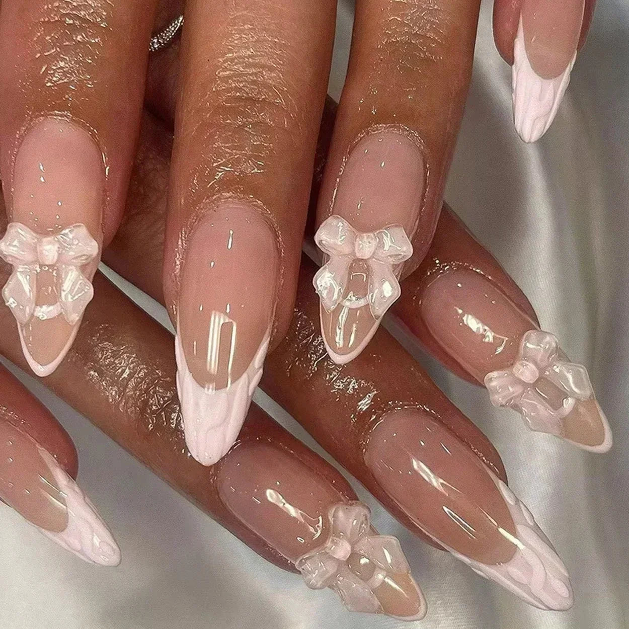 White Glitter Powder Bowknot Long Pointed Fake Nails Art Ballet False Nail Cow Print Pearl Rhinestone Pink Almond Press on Nails.