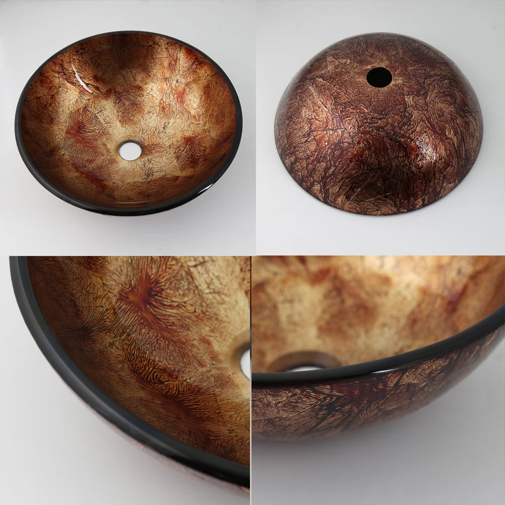 KEMAIDI Waschbecken mit Wasserhahn-Abfluss-Kombination aus gehärtetem Glas, 43,2 cm rundes Waschbecken, braunes Badezimmer-Schüsselwaschbecken über dem Waschbecken