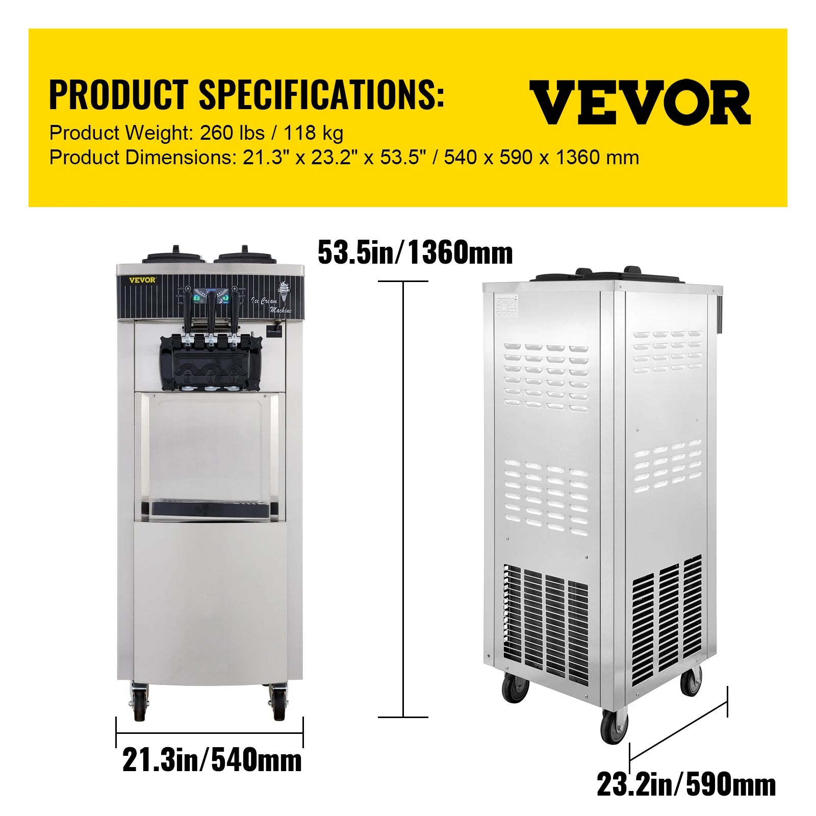VEVOR Commercial Soft Ice Cream Machine,2200W 3 Flavors Ice Cream Maker,5.3 to 7.4 Gal per/H Auto Clean LCD Panel for Restaurant.