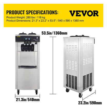 VEVOR Commercial Soft Ice Cream Machine,2200W 3 Flavors Ice Cream Maker,5.3 to 7.4 Gal per/H Auto Clean LCD Panel for Restaurant.