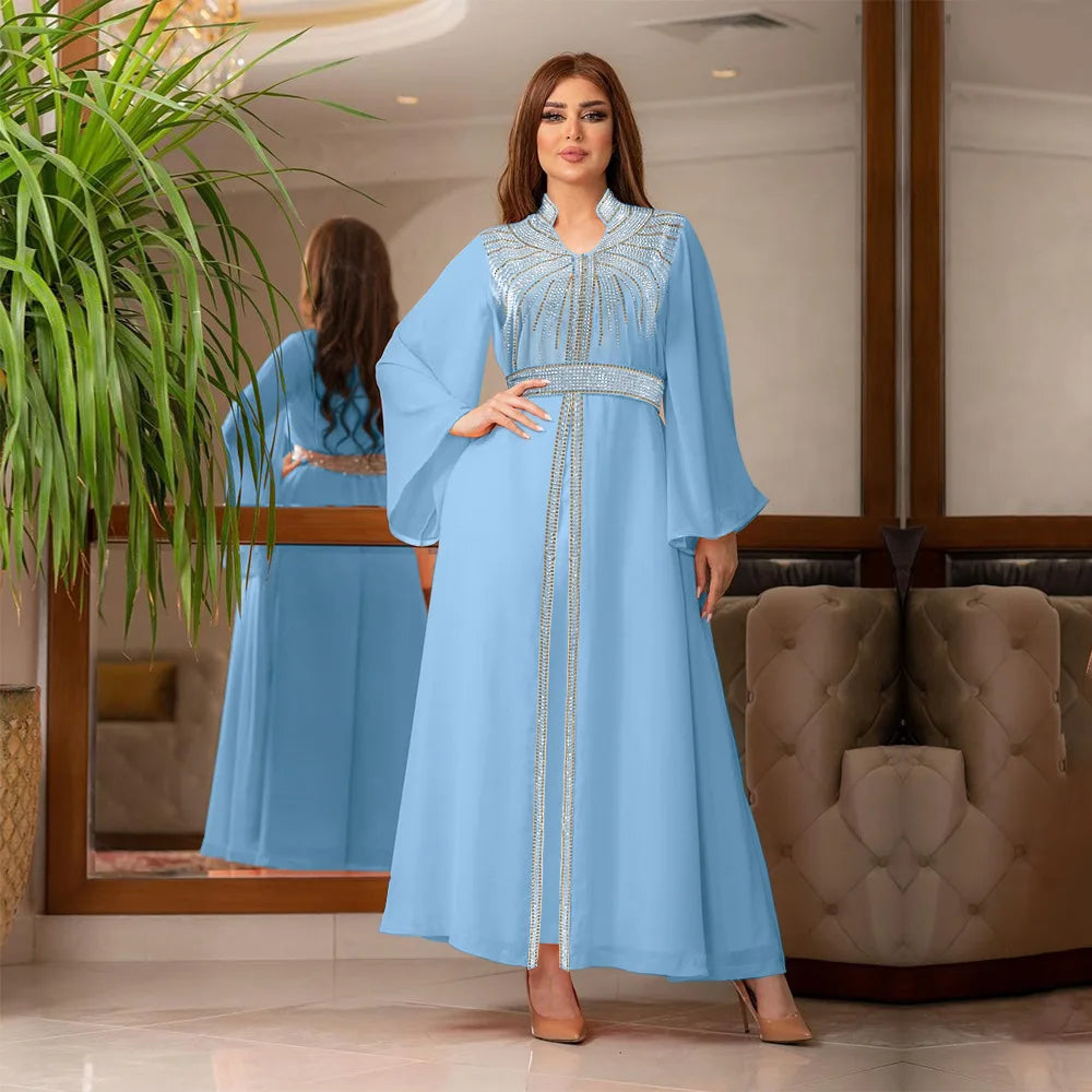 Uni Arabische Robe Mode Nahen Osten Muslimischen Kaftan Dubai Hot Fix Diamant Party Abendkleider für Frauen Kerb Stehkragen.