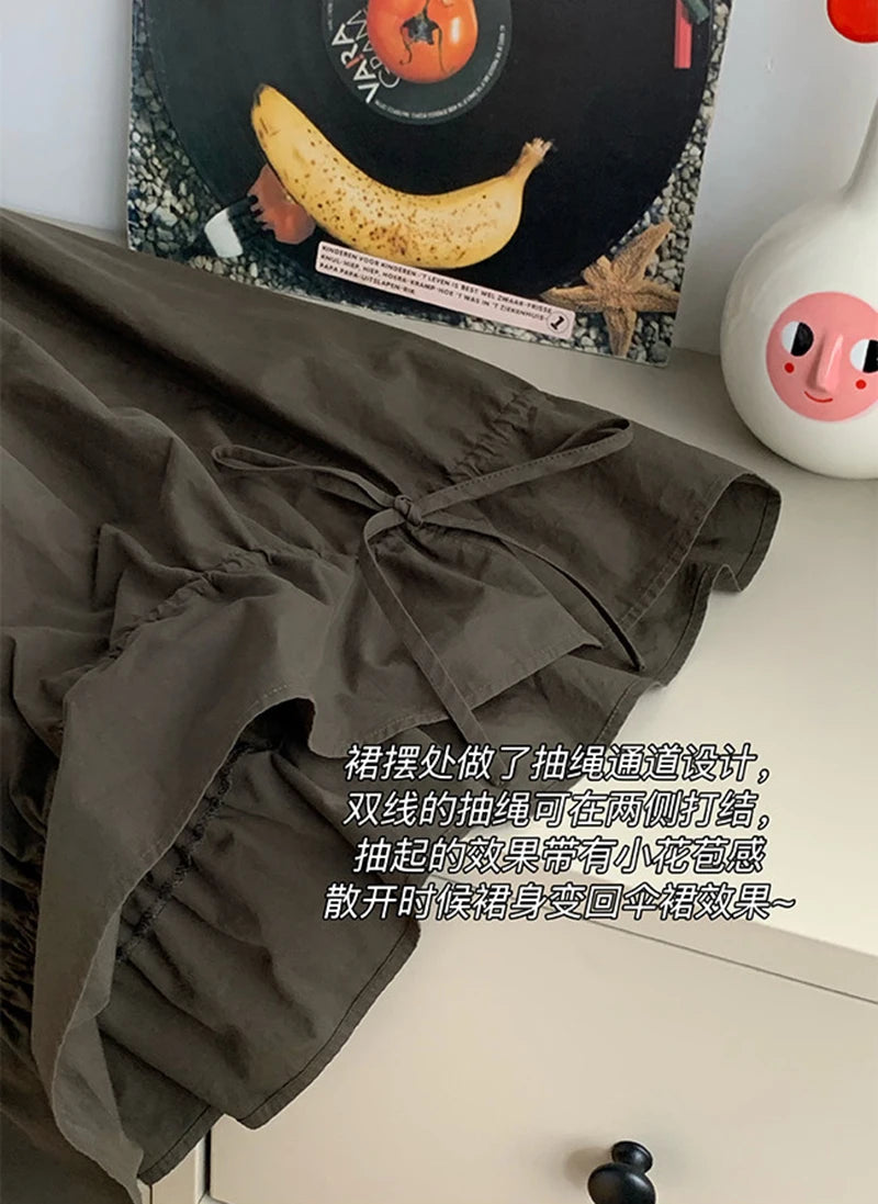 Vintage Black Midi Skirt Women Japanese Harajuku Drawstring Bud Skirts Summer Streetwear Korean Casual Design A Line Faldas New.