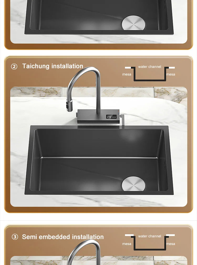 Black Stainless Steel Kitchen Sink Waterfall Sink dishwashing Basin Large Single Sink Household Sink Under The Counter Sink